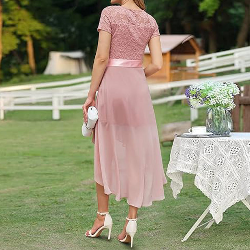 Lace Chiffon Ruffled High Slit Waist Round Neck Evening Dress Skirt