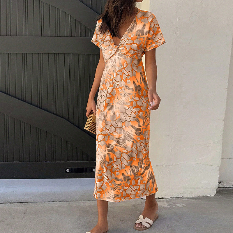 Slim Fit Vacation Style Sexy V-neck Mid-length Dress
