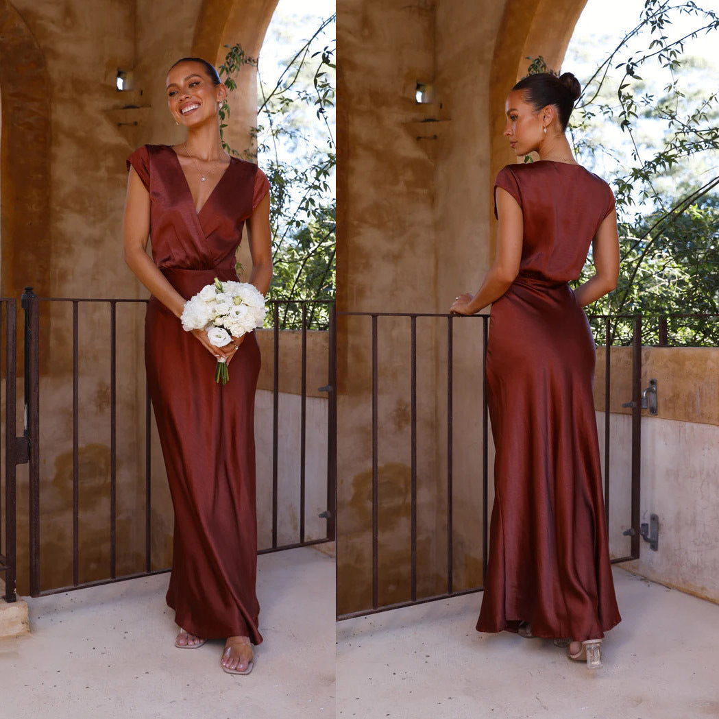 Women's Satin Solid Color V-neck Dress