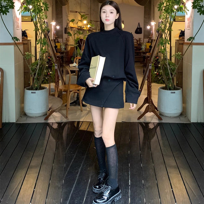 Harajuku Style Fleece Lined Sweater And Skirt Set For Women