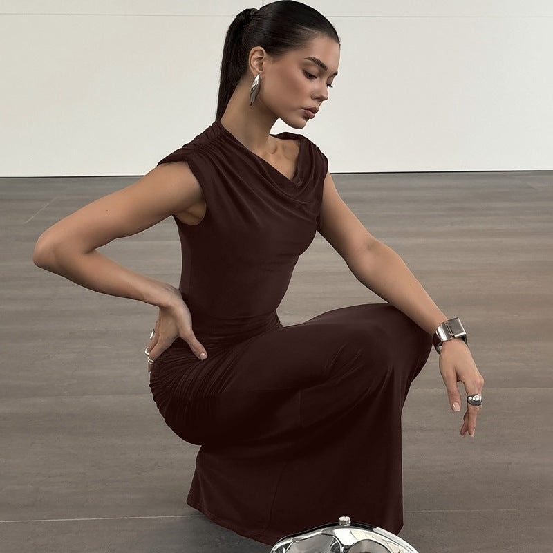 Fashion Pleated Waist Tight Slimming And Shoulder Hollow Sexy Solid Color Dress