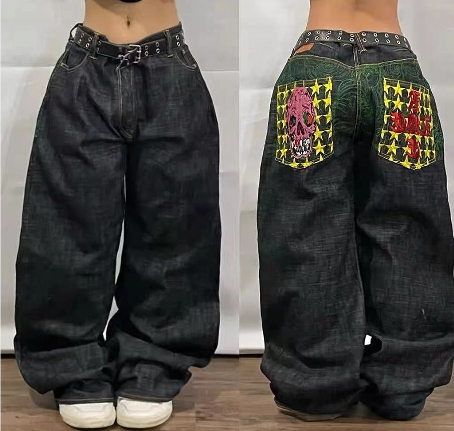 American High Street Personalized Patterns Loose Straight Wide Leg Jeans