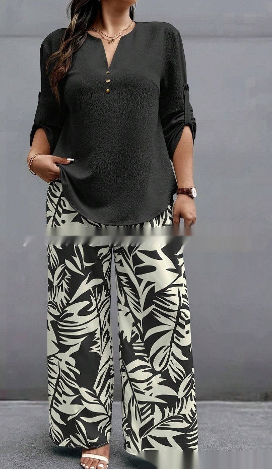 Ladies V-neck Shirt Tropical Plants Printed Pants Suit