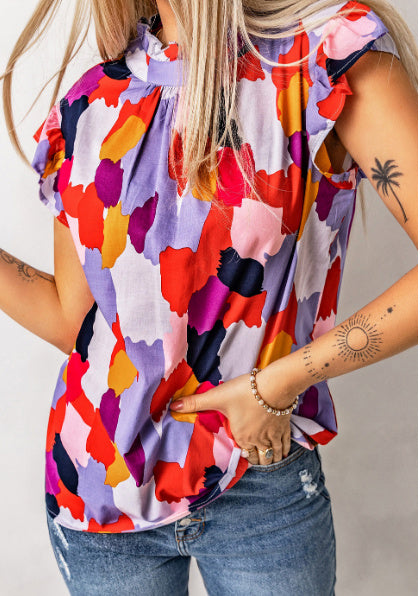 Fiery Red Ruffle Cap Sleeve Frill Mock Neck Printed Top