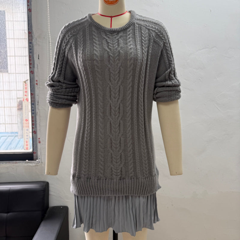 Round-neck Twisted Knit Chiffon Spliced Sweet Mini Dress