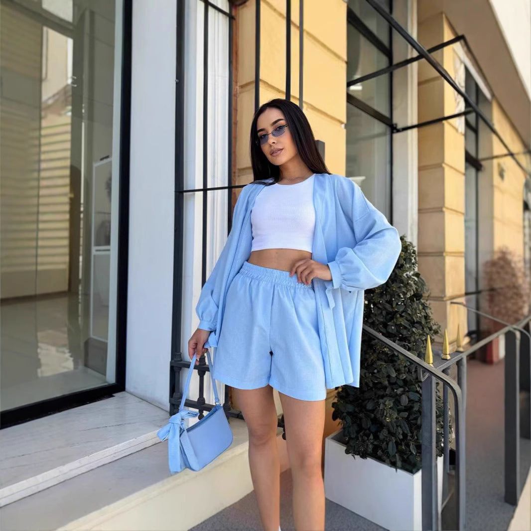 Lace-up Fashionable Top Casual Loose High Waist Shorts Two-piece Set