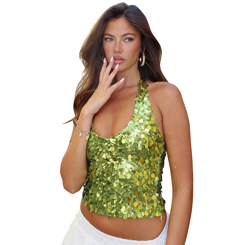 European And American Pure Color Sequins V-neck Halter Zipper T-shirt Top