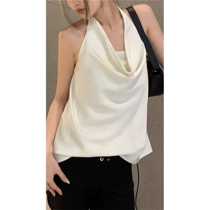 Satin Draping Effect Swing Collar Halter Spaghetti Straps Vest For Women