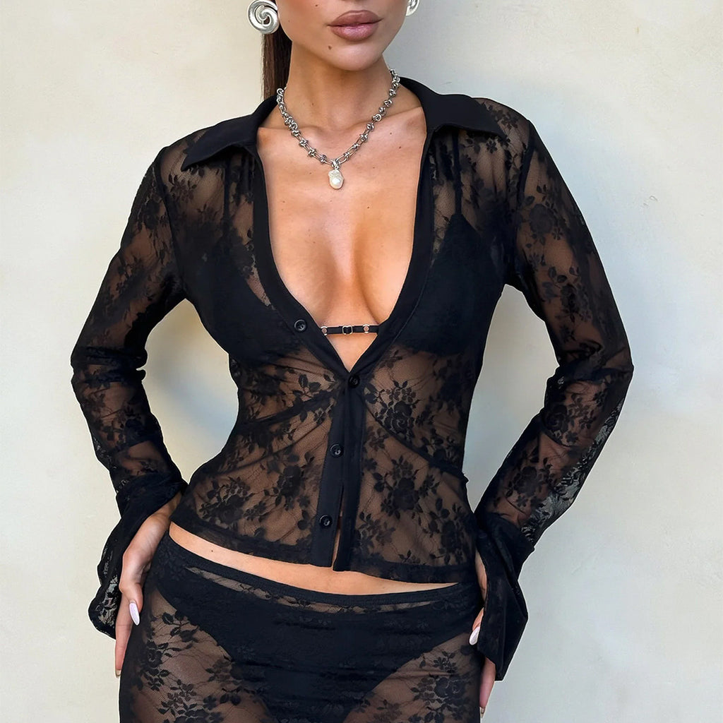 V Hot Girl Style Hollow Lace Cardigan Long Sleeve Top Women's Clothing