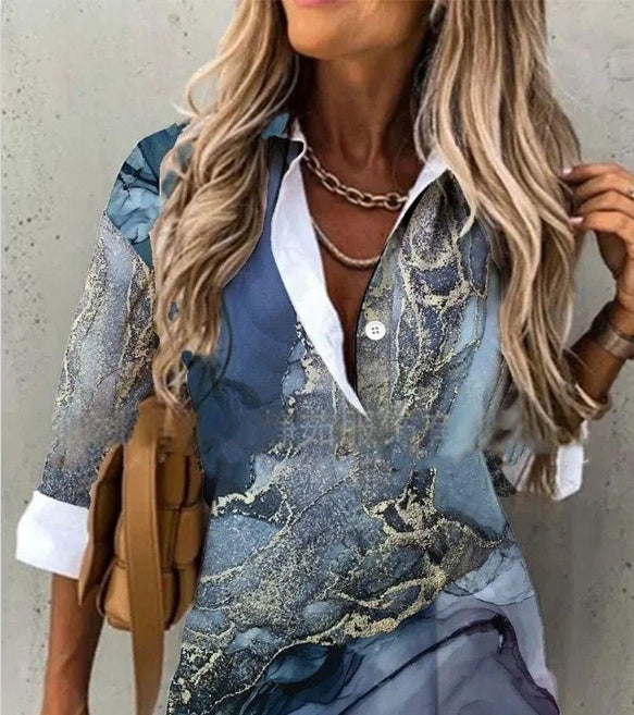Spring And Summer New Fashionable Printed Collar Long Sleeved Shirt For Women