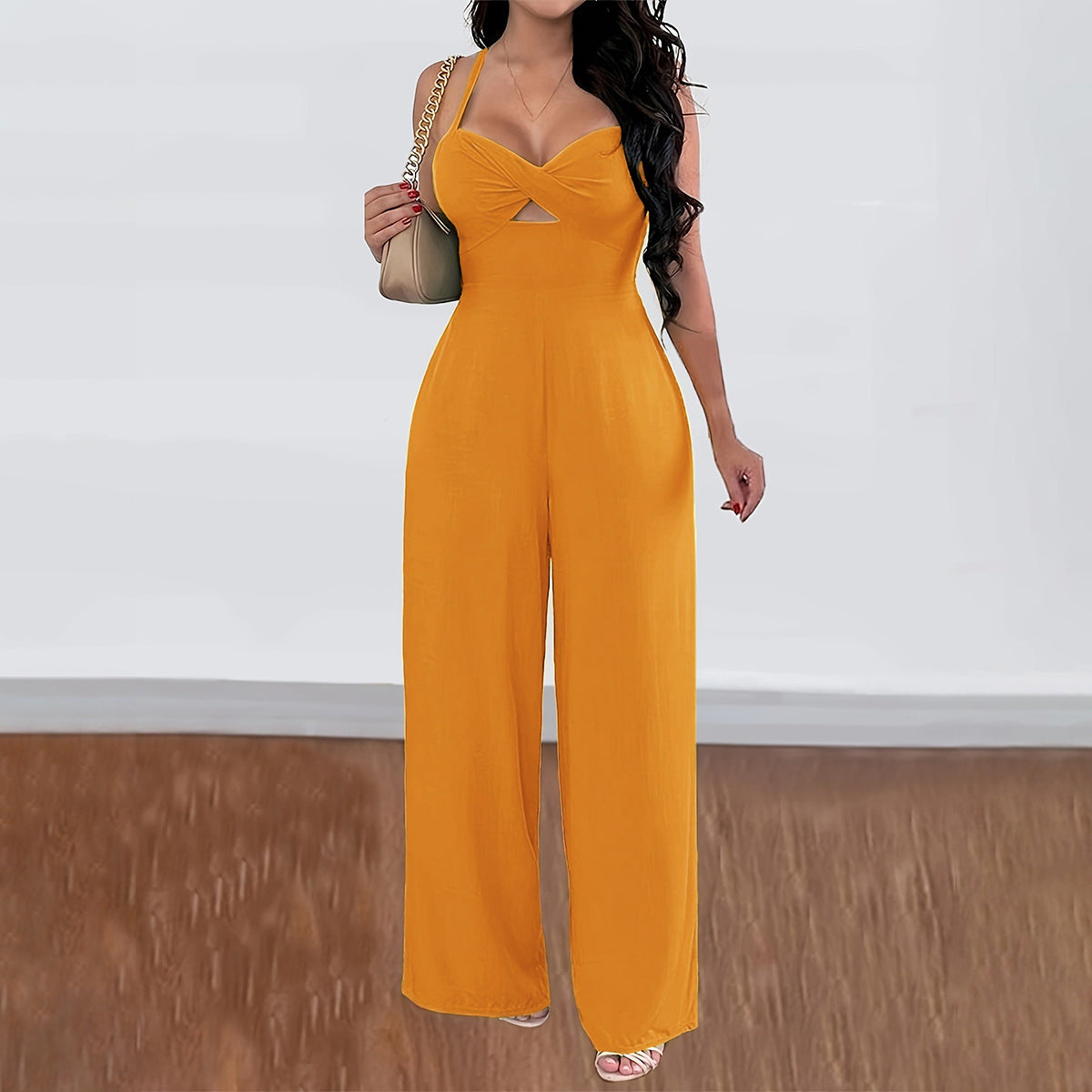 Leisure Vacation Commute Style Solid Color Sling Wide Leg Jumpsuit For Women
