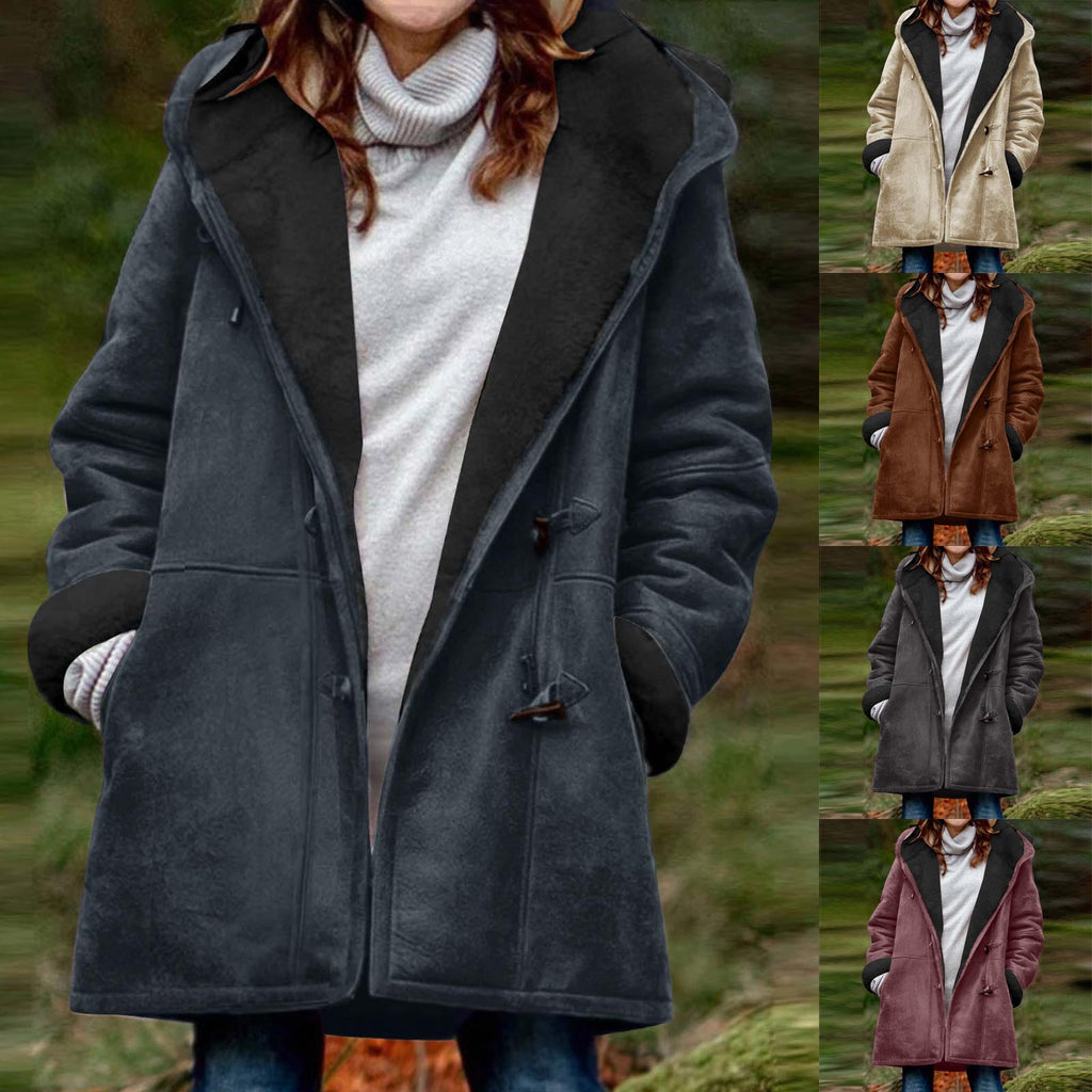Suede Coat With Horn Buttons Fleece-lined For Warmth And Featuring Pockets