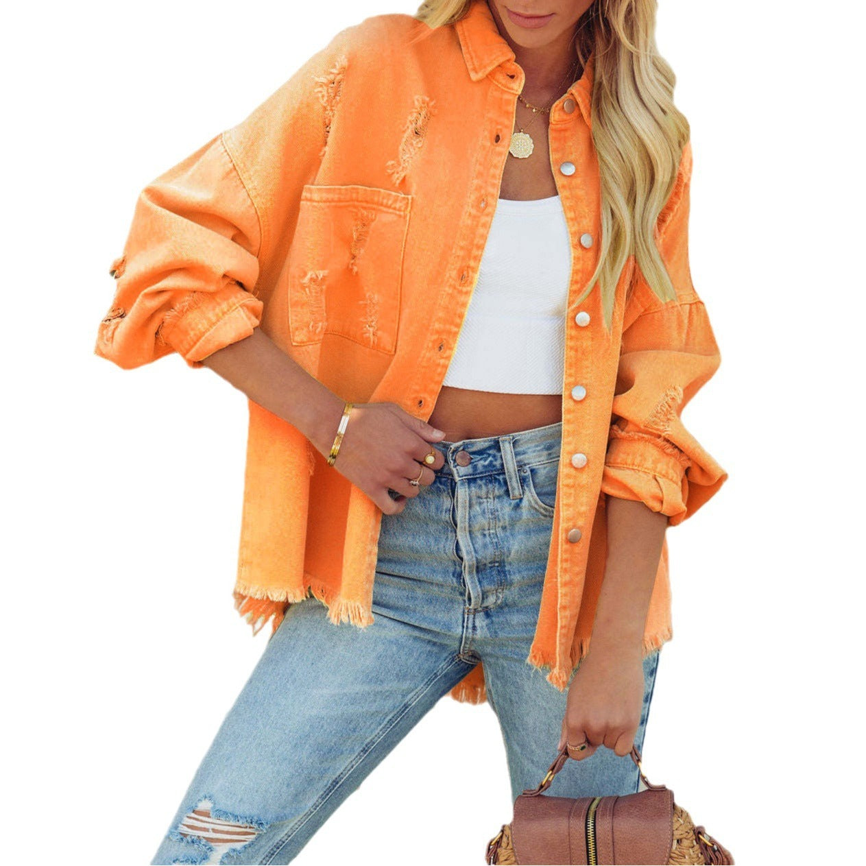 Lapel Long Sleeve Retro Street Ripped Burr Denim Coat