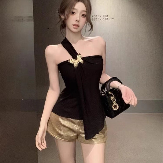 Women's Summer Slim-fit Pure Tube Top Vest Black Short