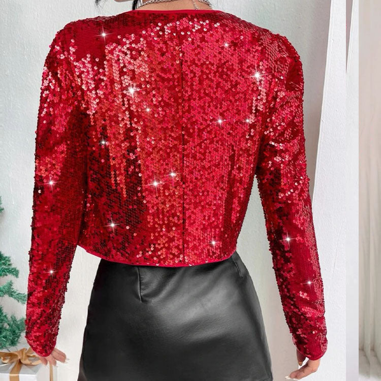 Trendy Rock-Style Crew-Neck Short Sequin Jacket