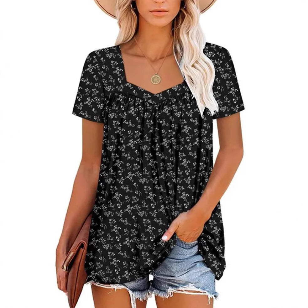 Women's Clothing Square Collar Short Sleeve Printed Loose T-shirt