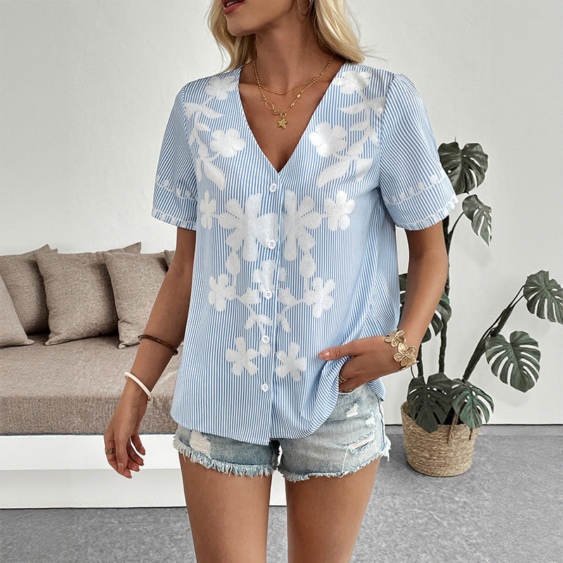 Women's V-neck Printed Loose Shirt