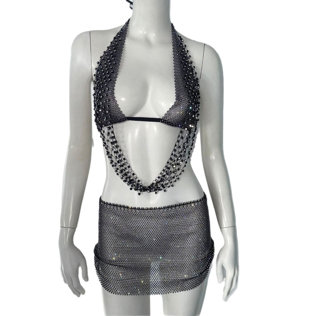 Stretch Fishnet Rhinestone Suspender Skirt Two-piece Set