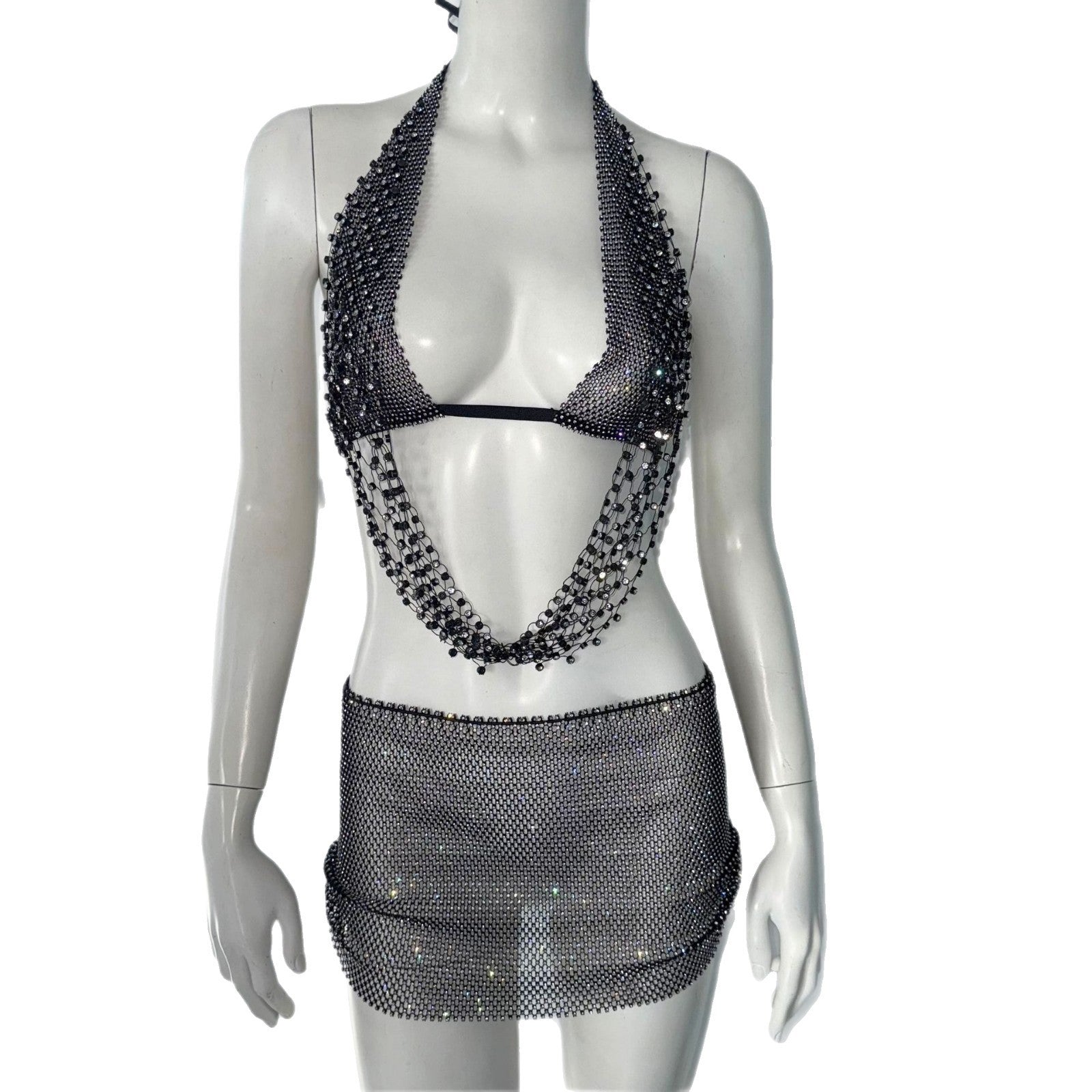 Stretch Fishnet Rhinestone Suspender Skirt Two-piece Set