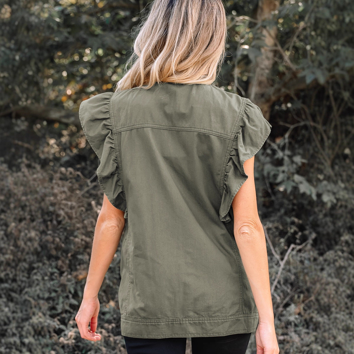 Green Bay Ruffled Patchwork Denim Jacket Vest