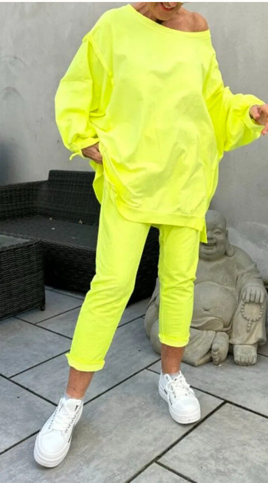 Casual Solid Color Round Neck Long Sleeve Top Two-piece Pants