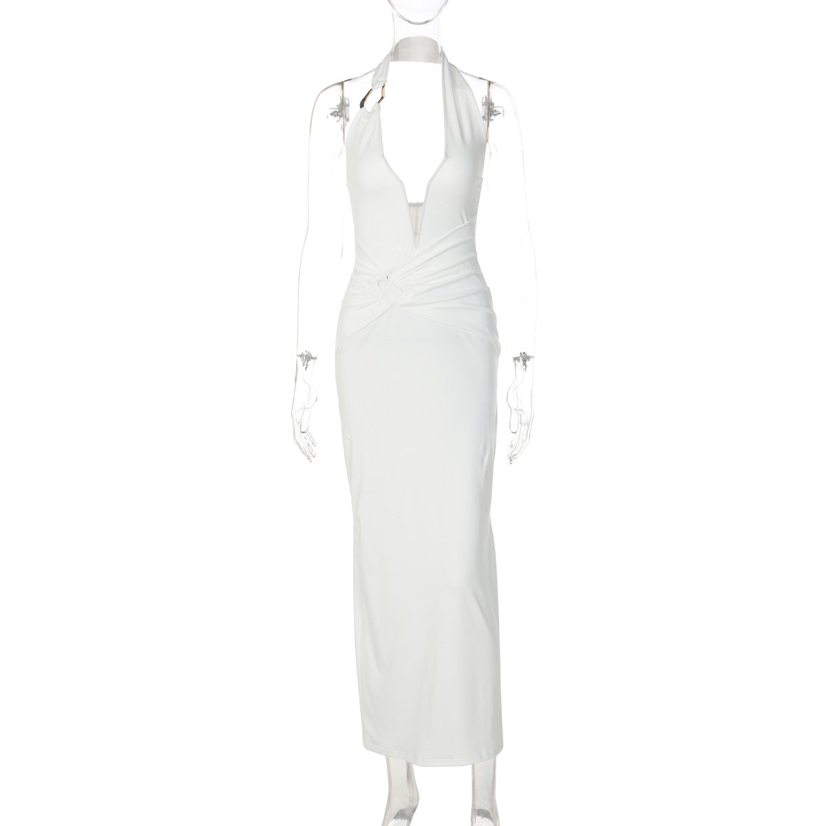 V Neck Spliced Underwire Halter Bodycon Pleated Patchwork Maxi Dress