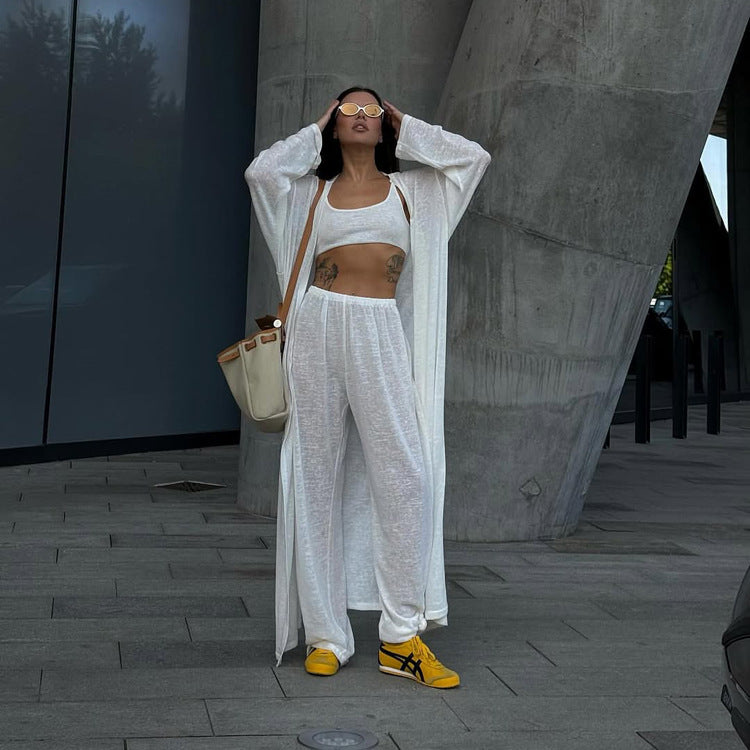 Casual Fashion 3-piece Set Long-sleeve Cardigan Vest Wide-leg Pants