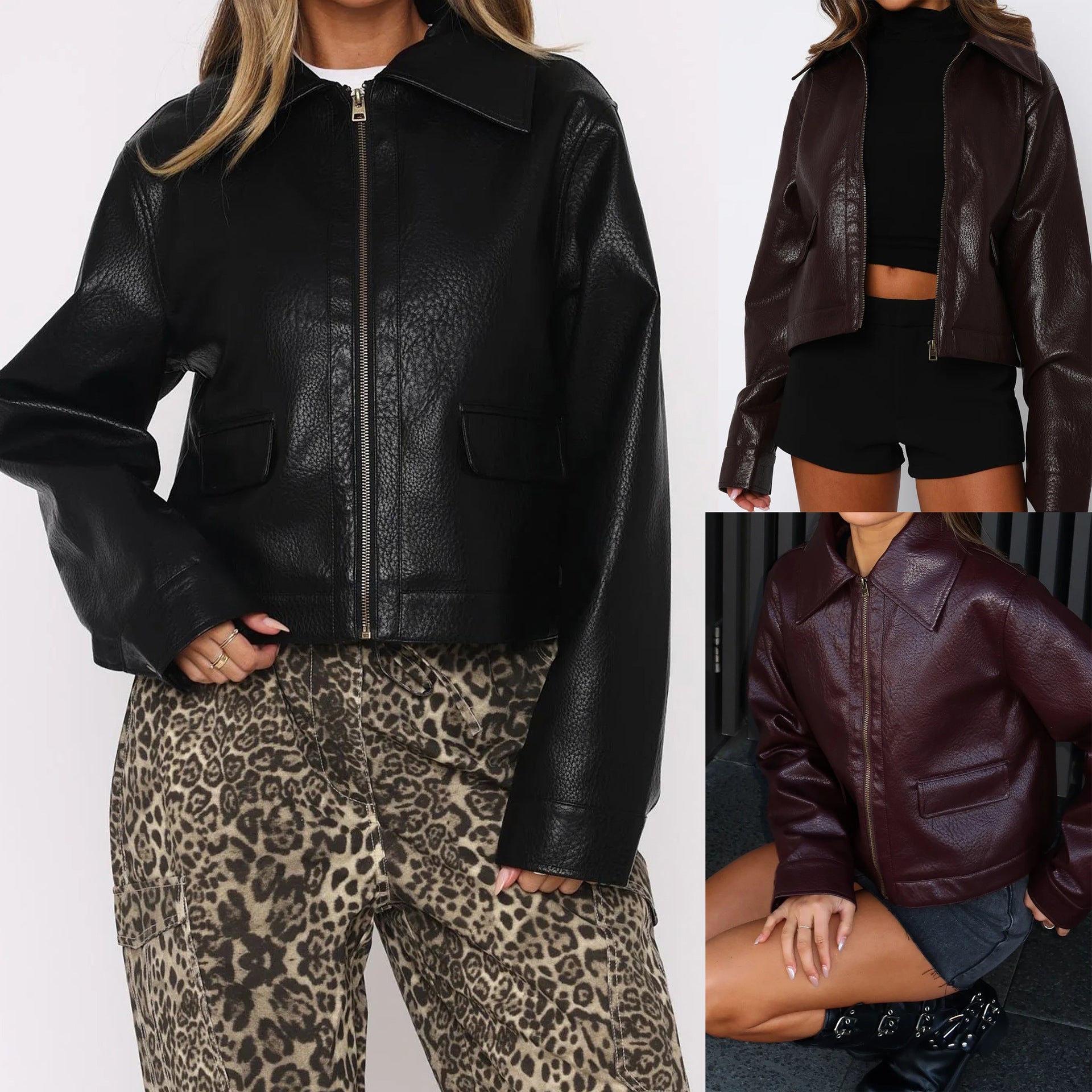 Fashionable And Versatile Zip-up Long Sleeve PU Jacket