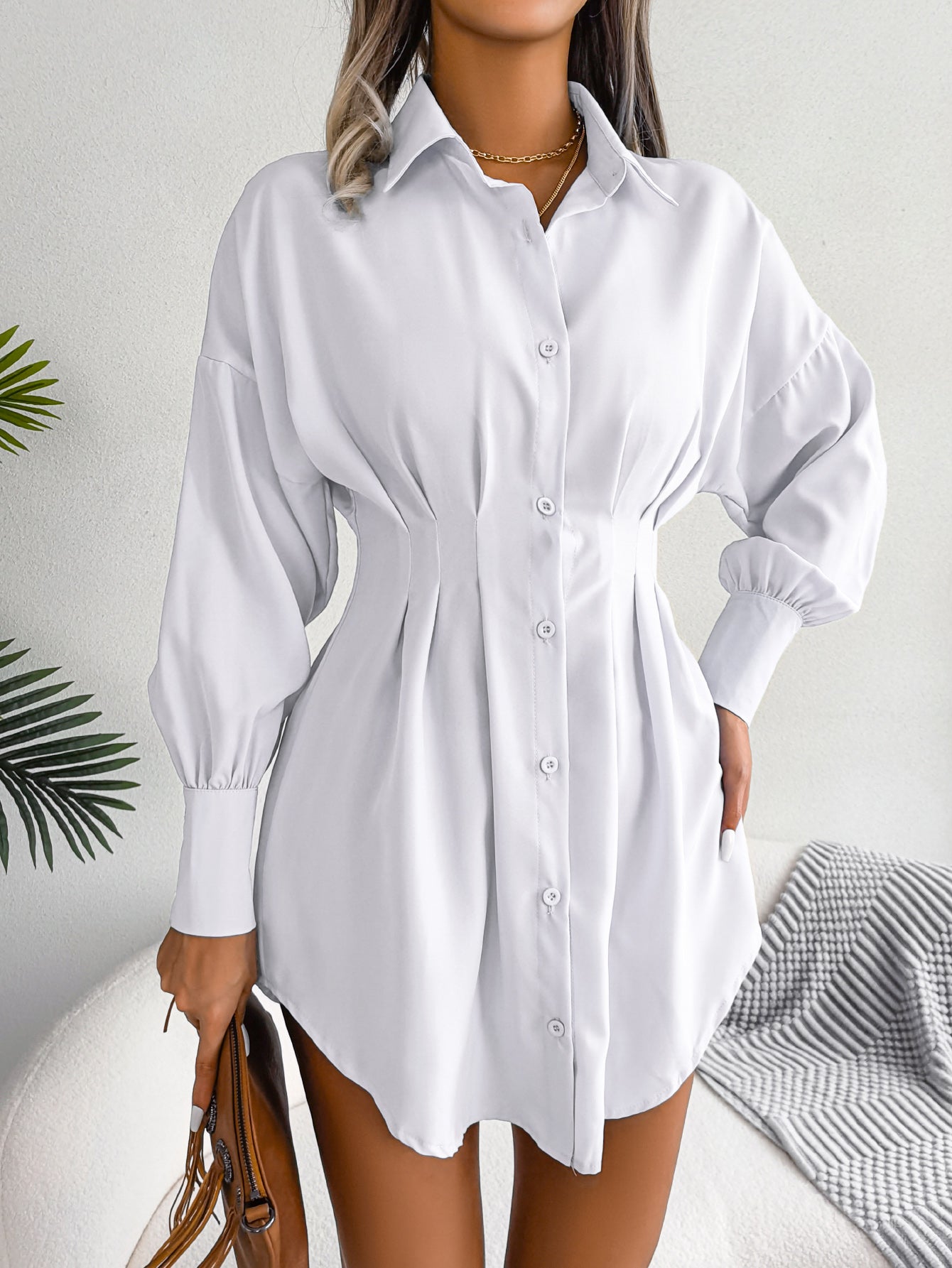 Casual Lantern Sleeve Tie Waist Asymmetric Shirt Dress