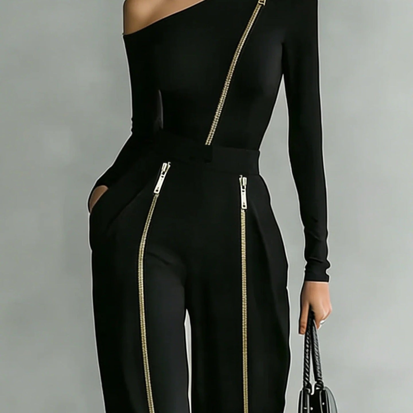 Crew-neck Long-sleeve Knit Two-way-zipper Wide-leg Pants Set