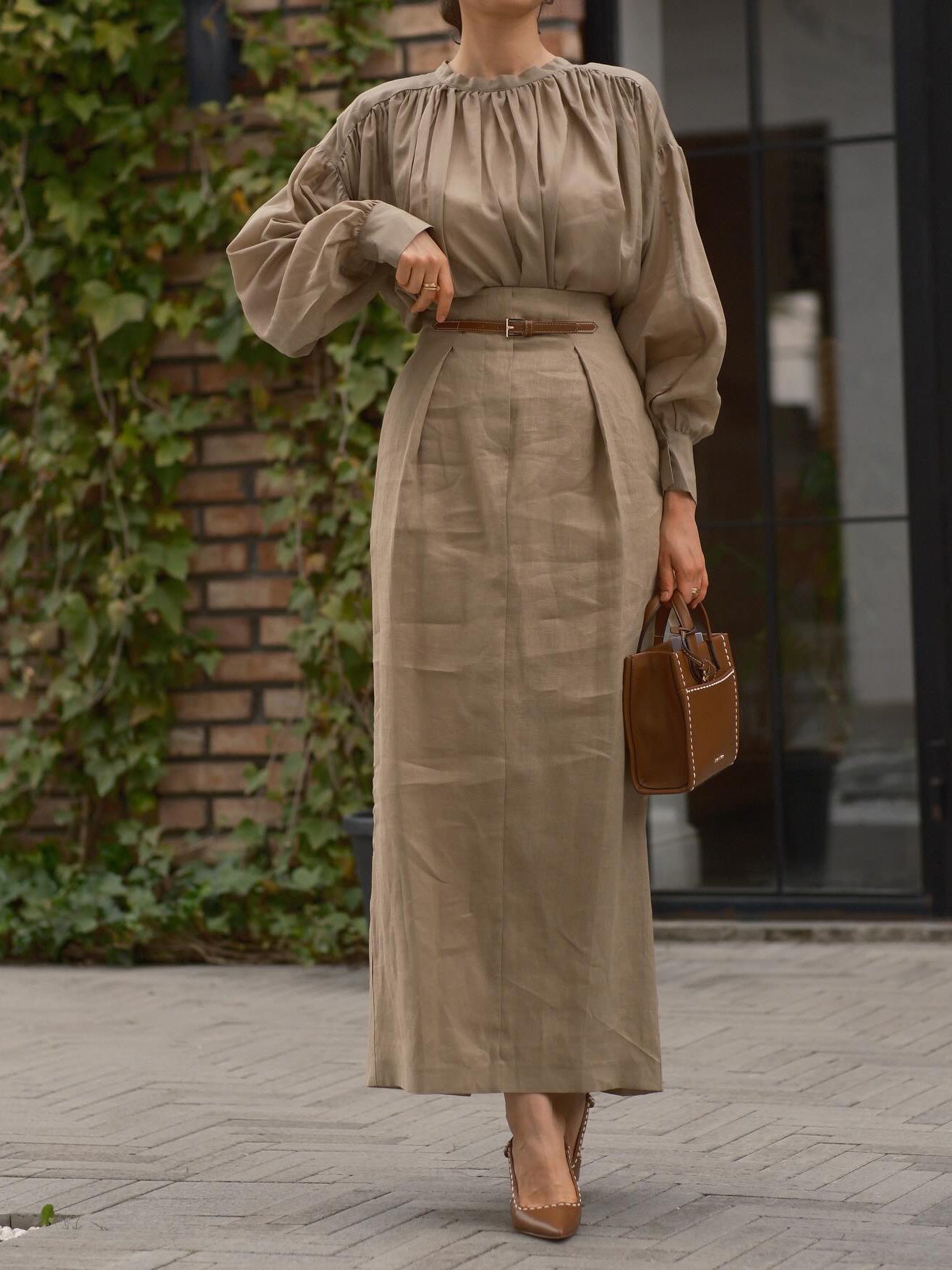 Khaki Puff - Sleeve Blouse And Midi Skirt Set
