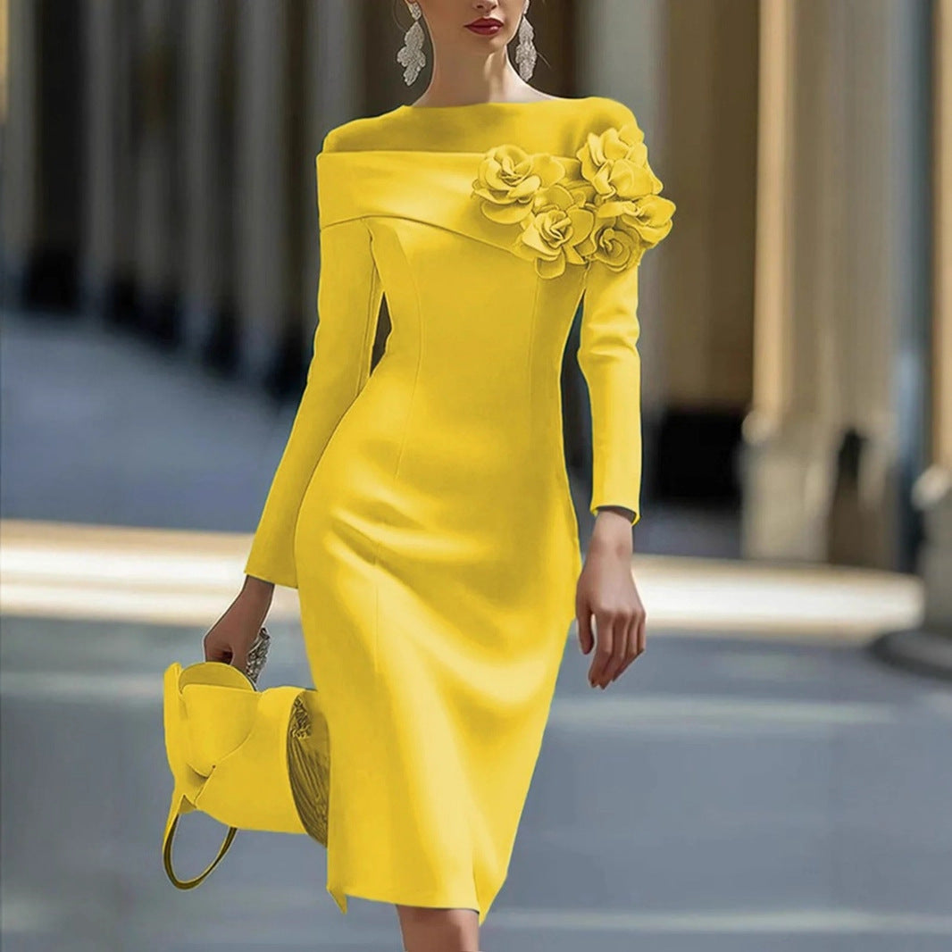 Floral-decorated Solid-color Slim-fit Dress