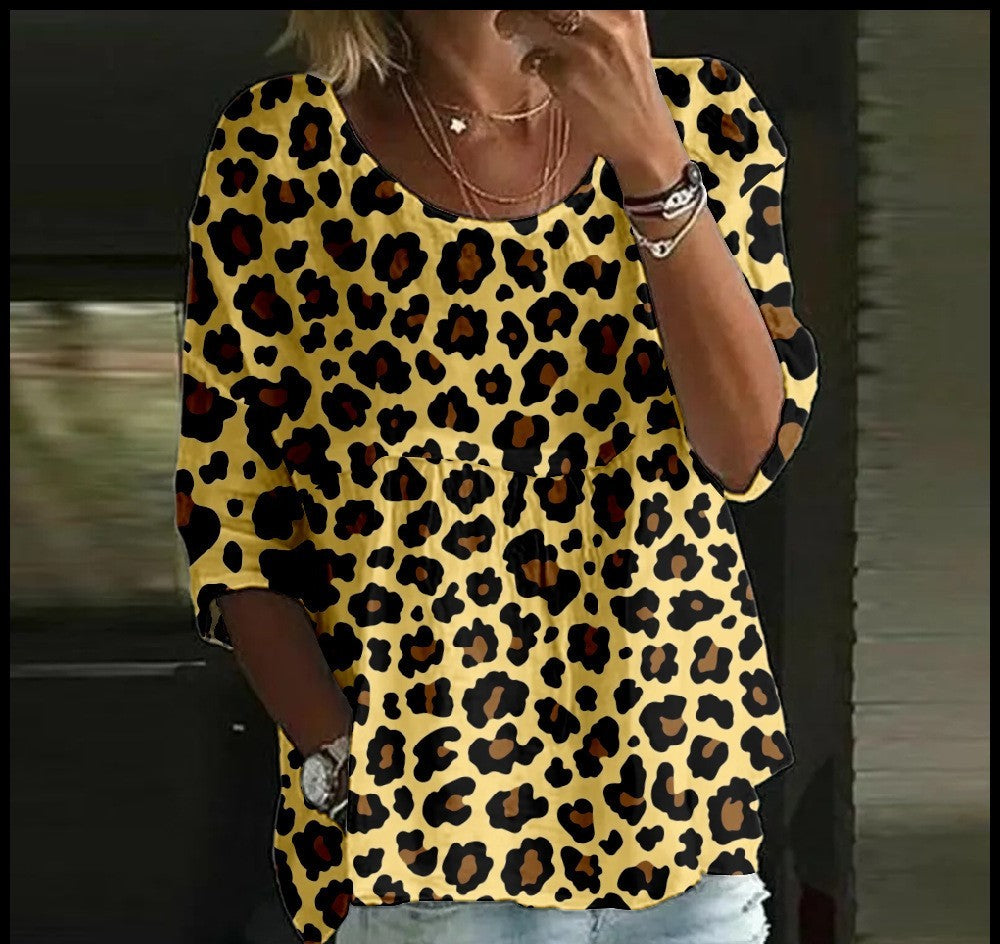 Women's T-shirt Casual Spider Bat Digital Print Mid Sleeve Pleated Round Neck Top