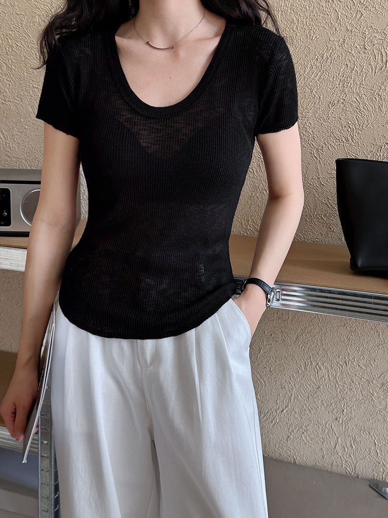 U-neck Shoulder Short Sleeved Women's Summer New Style Waist Cinching Slimming T-shirt