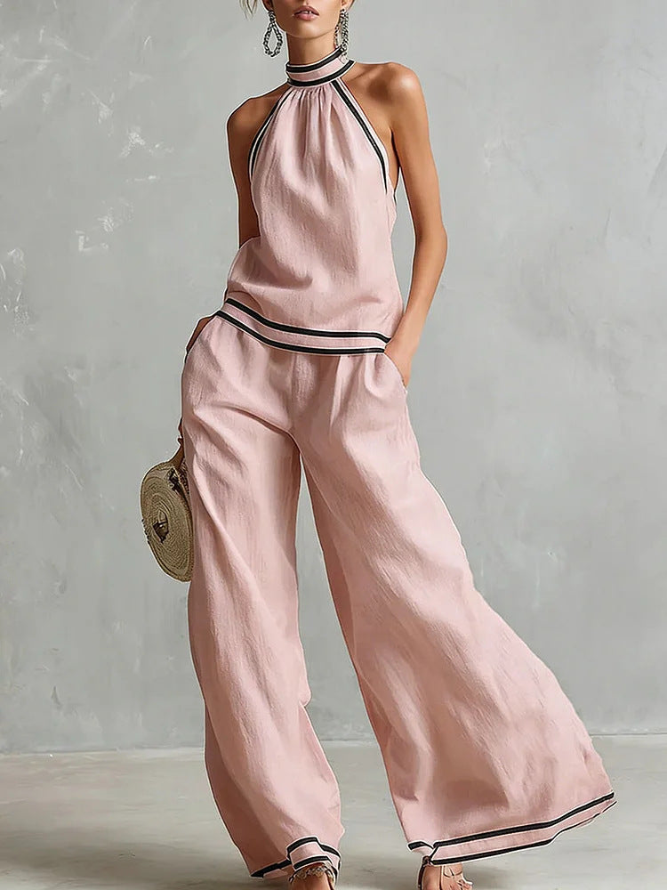 Striped Patchwork Halter-neck Sleeveless Wide-Leg Pants Set