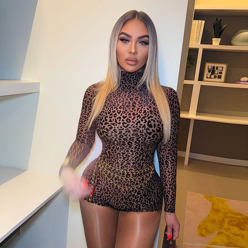 Half Turtleneck Leopard Print Slim Fit Slimming Hip Skirt Women