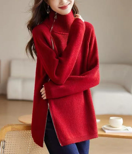 Loose, Mid-Length Effortless-Style Knitted Sweater For Women With Side Zipper And Lapel Design