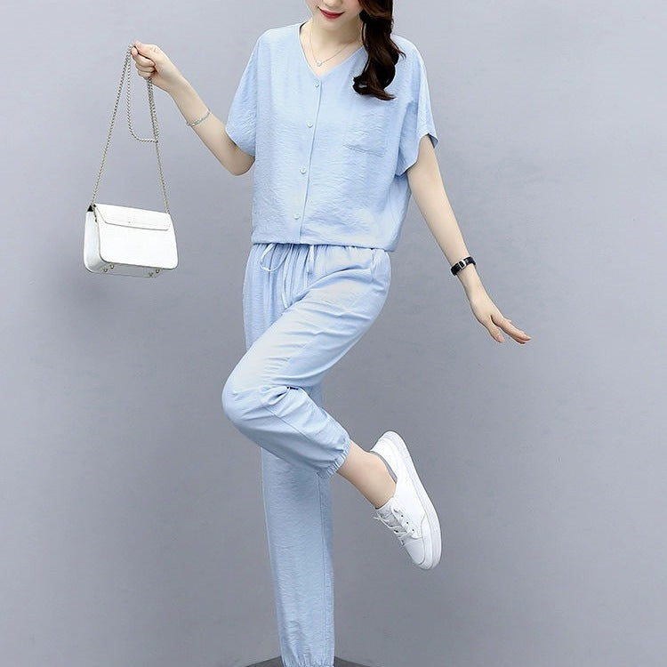 Leisure Fashionable Stylish Fashionable And Reducing Age Noble Lady Sub-cotton And Linen Two-piece Suit