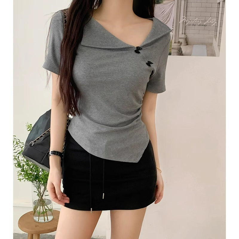 Turn-down Collar Short-sleeve Bow Pleated Waist-cinching Slim-fit T-shirt Top