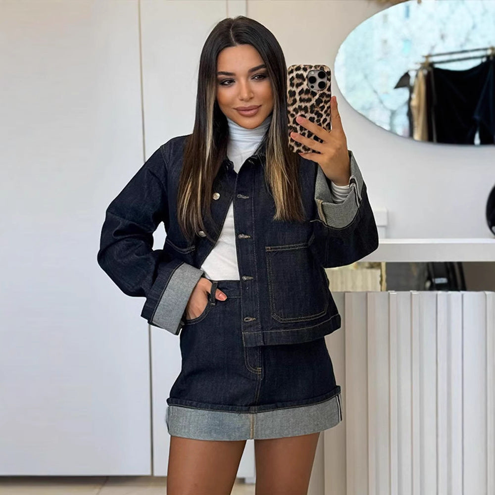 Vintage Denim Jacket Women's All-matching Short Polo Collar Jacket Top Skirt Suit