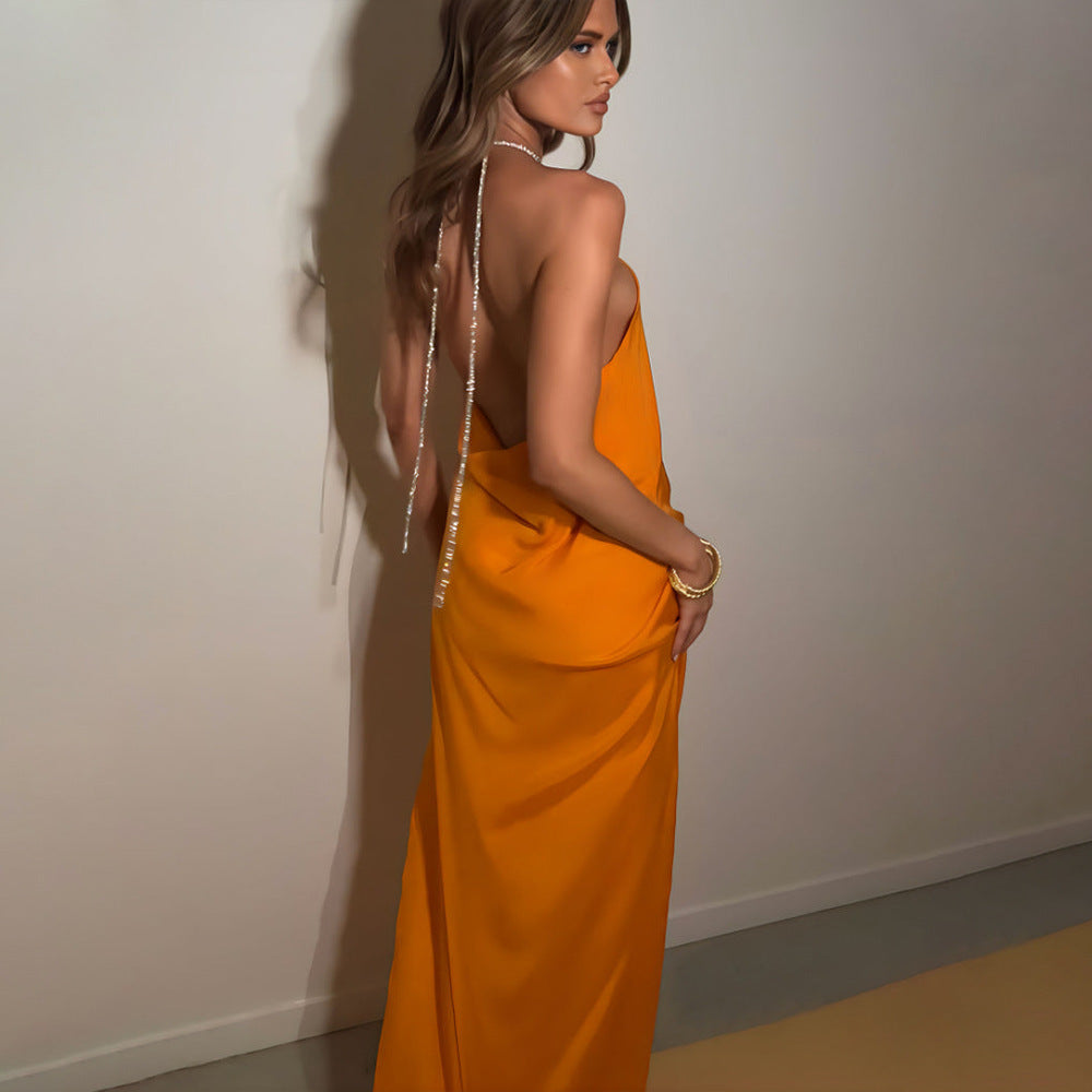 Premium Satin Halter Dress Sexy Backless Pure Color Split