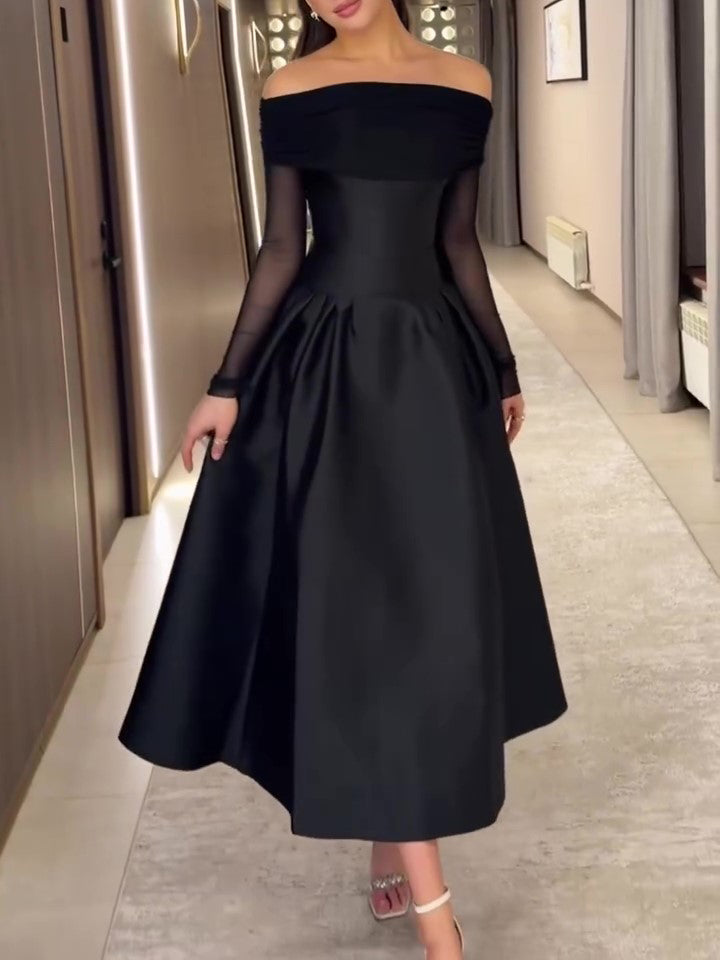 Black Off-Shoulder Mesh Long Sleeve Waist-Cinched Flared Midi Gown