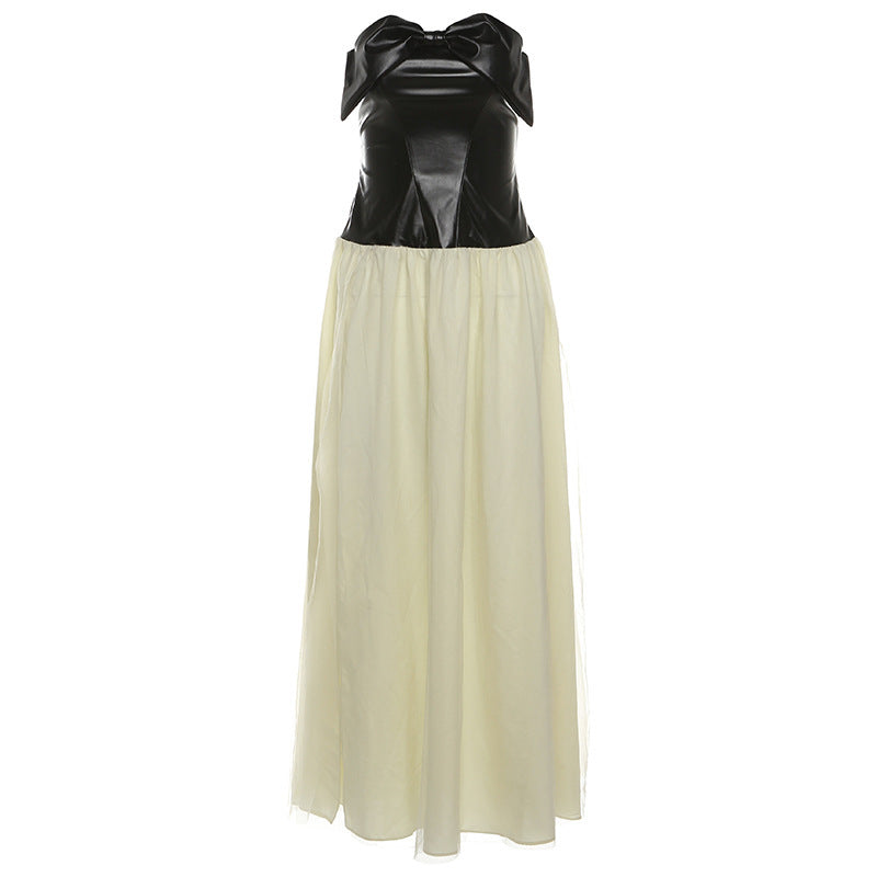 Sexy Mesh Stitching PU Leather Collar Bandeau Slim-fit Dress