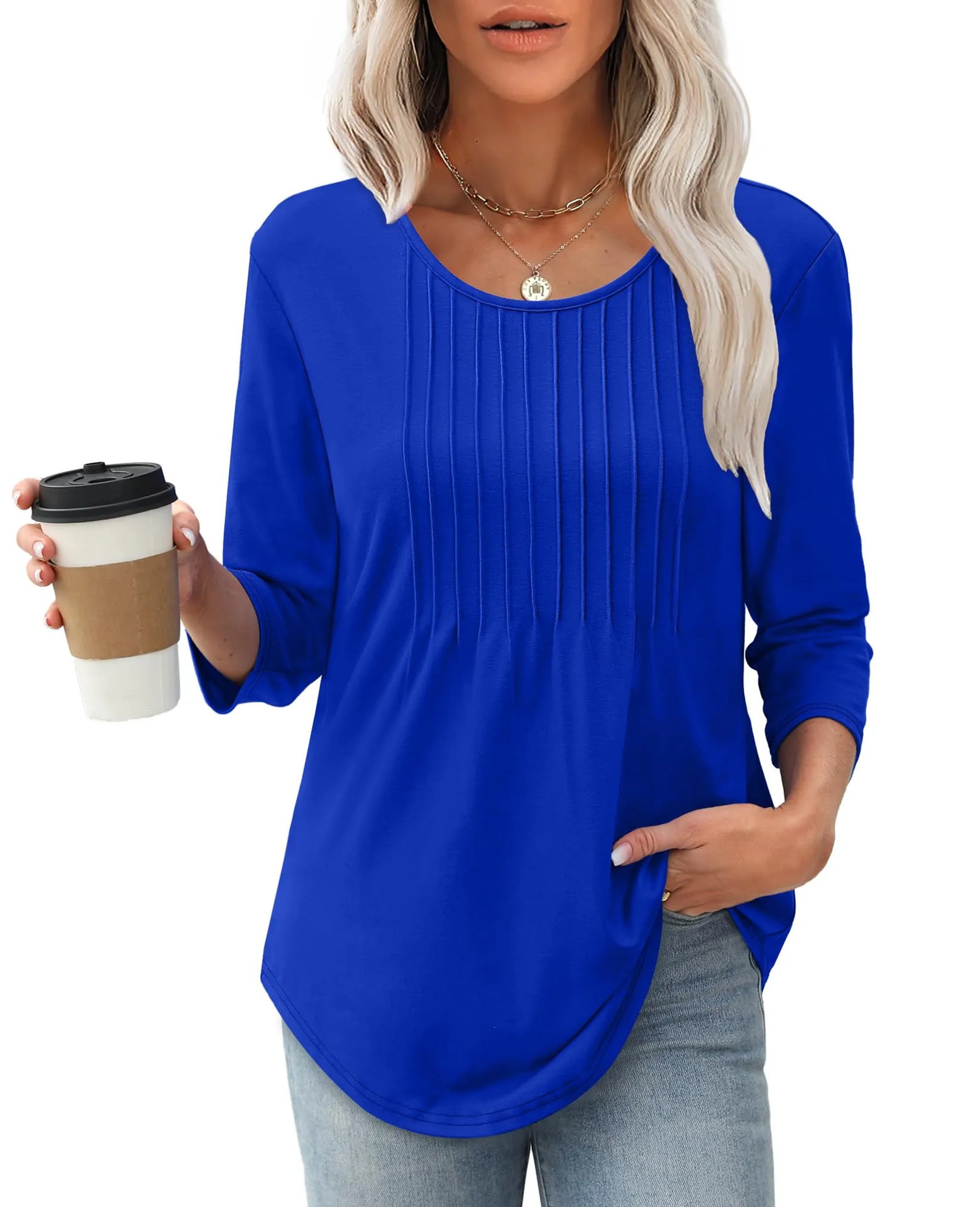 New Women's Long Sleeved Top, Fashionable And Casual Pleated Low Round Neck Women's T-shirt