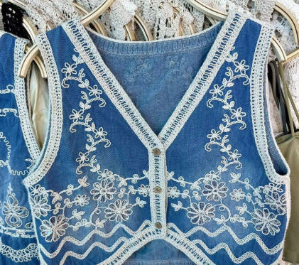Heavy Industry Crochet Embroidery Denim Waistcoat Vest