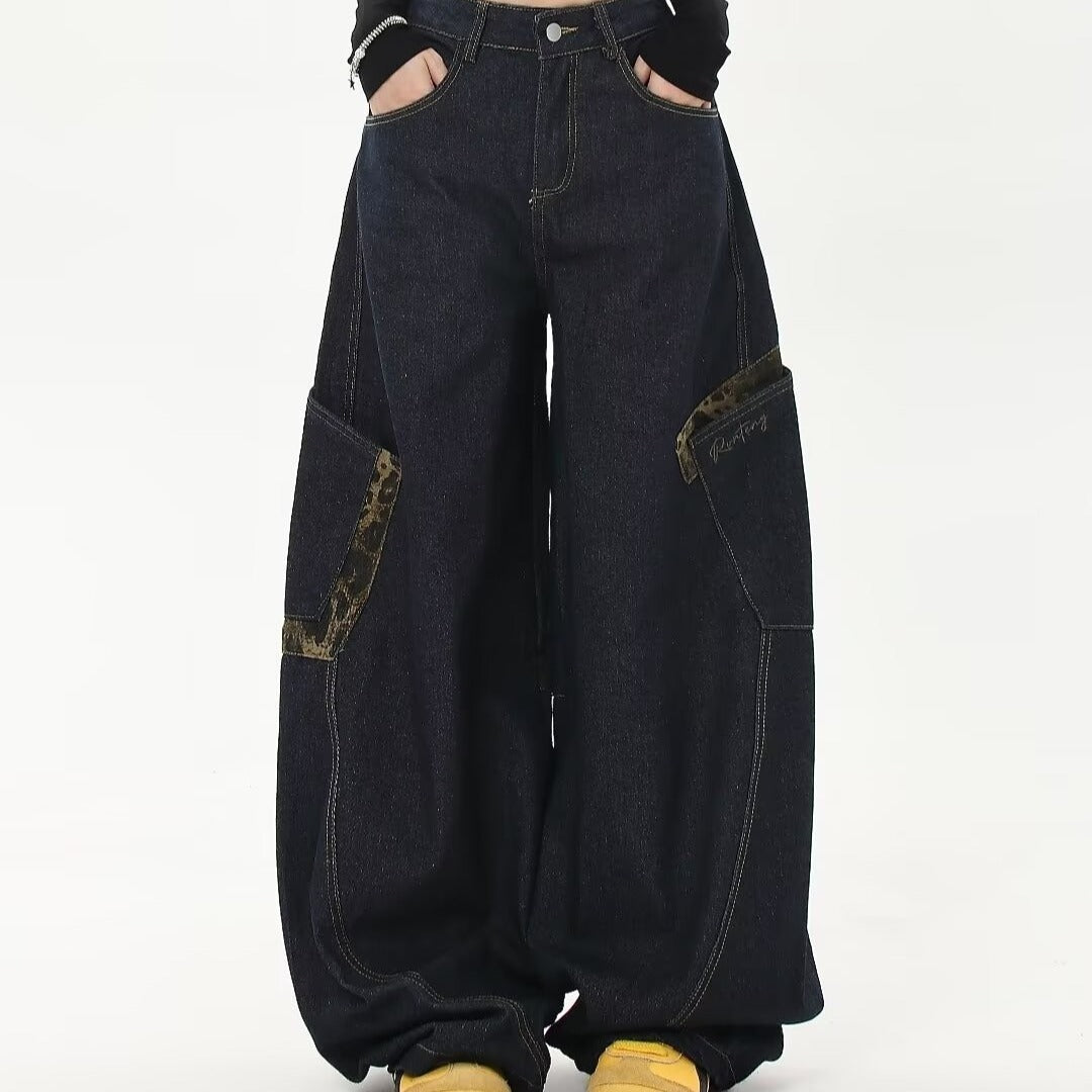 American Vintage Leopard Print Patchwork Large Pocket Cargo Jeans