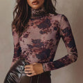 Retro Floral Print High-Neck Mesh Long-Sleeve Slim-Fit Base Top