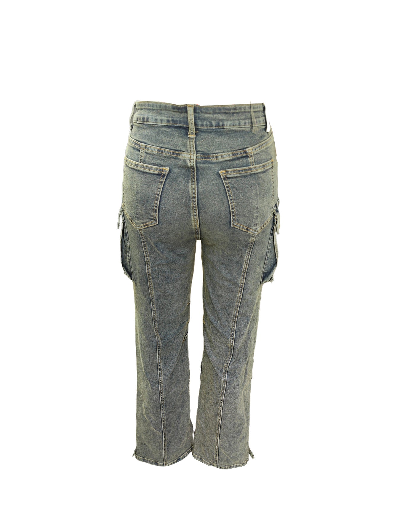 Workwear Style Distressed Washed Denim Jeans