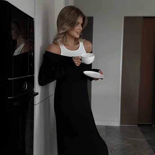 New Long Sleeve Stitching Fake Two-piece Vest Temperament Dress