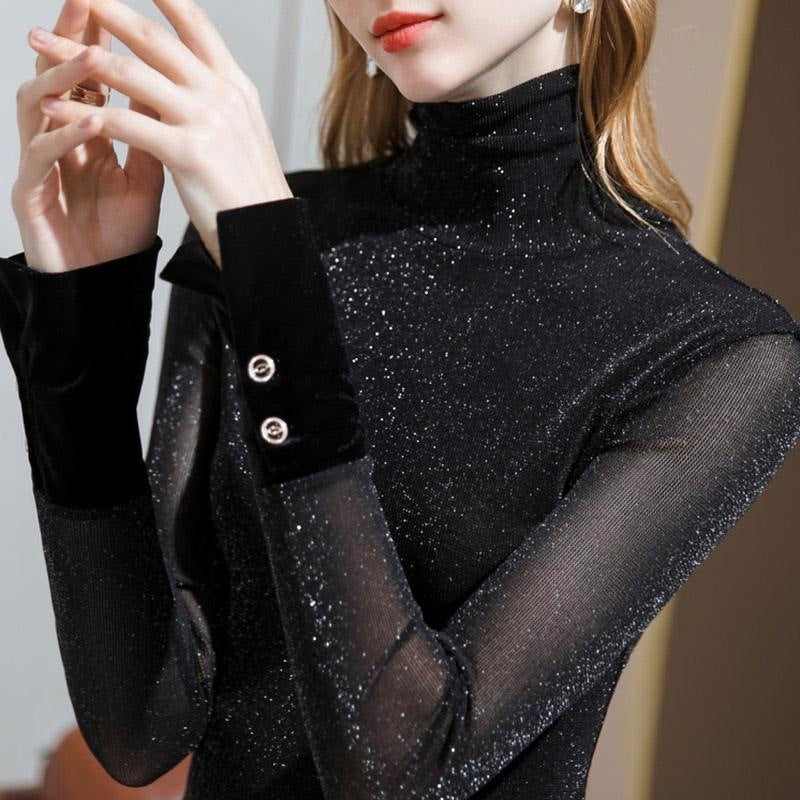 New High-neck Mesh Base Layer Women's Long-sleeved Top